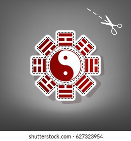 Yin and yang sign with bagua arrangement. Vector. Red icon with for applique from paper with shadow on gray background with scissors.