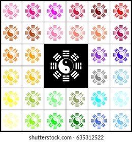 Yin and yang sign with bagua arrangement. Vector. Felt-pen 33 colorful icons at white and black backgrounds. Colorfull.