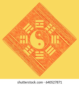 Yin and yang sign with bagua arrangement. Vector. Red scribble icon obtained as a result of subtraction rhomb and path. Royal yellow background.