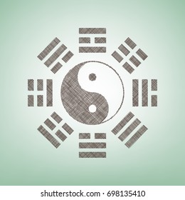 Yin and yang sign with bagua arrangement. Vector. Brown flax icon on green background with light spot at the center.