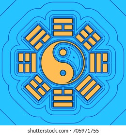 Yin and yang sign with bagua arrangement. Vector. Sand color icon with black contour and equidistant blue contours like field at sky blue background. Like waves on map - island in ocean or sea.