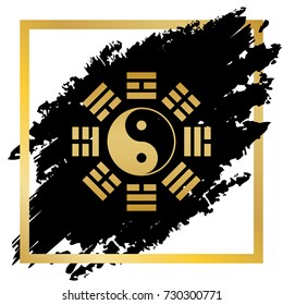 Yin and yang sign with bagua arrangement. Vector. Golden icon at black spot inside golden frame on white background.