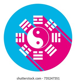 Yin and yang sign with bagua arrangement. Vector. Flat white icon with mexican pink shadow inside sky blue(S and G) circle at white background. Isolated. Trend colors in 2017.