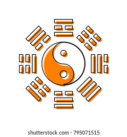 Yin and yang sign with bagua arrangement. Vector. Black line icon with shifted flat orange filled icon on white background. Isolated.
