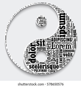 Yin yang sign in the form of a cloud of random words. Vector illustration.