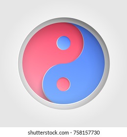 Yin and yang sign icon. Cutout paper background. Harmony and balance symbol Yinyang. Hot and cold colors