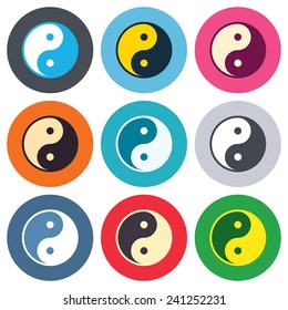 Yin yang sign icon. Harmony and balance symbol. Colored round buttons. Flat design circle icons set. Vector