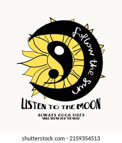 Yin yang sign with moon and sun drawing. Vector illustration design for fashion graphics, t shirt prints.