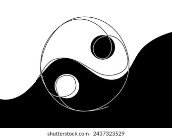 Yin and yang sketch. One line continuous hand drawing. Outline, line art vector illustration.