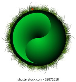 yin yang sphere with grass and ladybug against white background; abstract vector art illustration