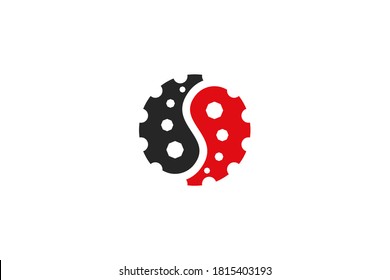 Yin Yang style engine gear logo with letter S on negative space design concept, creative and modern logo, simple and minimalist.