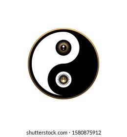 Yin yang with Sun and Moon astrological symbols together in circle, vector sacred oriental symbol