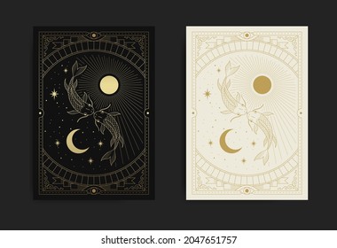 Yin yang sun and moon with mythological fish in the middle, in engraving style, hand drawn, line art, luxury, celestial, esoteric, boho