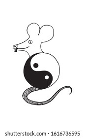 yin and yang symbol in the bady of rat for Chinese New Year 2020. Element for design. New Year's card, mouse. Vector illustration. white and black