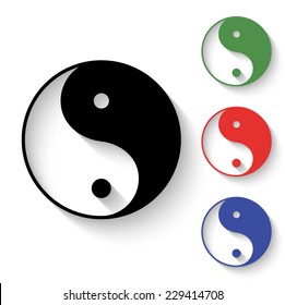 Yin Yang symbol - black and colored (green, red, blue) illustration with shadow