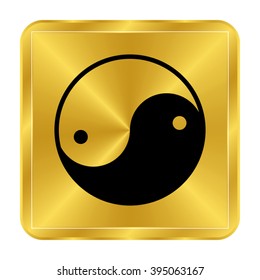 Yin yang symbol - black vector icon;  gold button