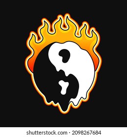 Yin Yang Symbol Burn In Fire T-shirt Print.Vector Cartoon Graphic Illustration Logo Design.Yin Yang Melt,fire Print For Cover,badge,sticker,poster,t-shirt,logo,ying Yang Asian Byddism Symbol Concept