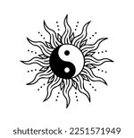 Yin Yang Symbol in Celestial Sun Vector, Vector Design for Fashion and Poster Prints, Sticker, Bag, Mug, Textile, Phone Case, Tattoo Design, Mystic Illustrations, Sun Icon