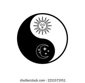 Yin Yang Symbol with Celestial Sun and Moon Vector, Vector Design for Fashion and Poster Prints, Sticker, Bag, Mug, Textile, Phone Case, Tattoo Design, Mystic Illustrations, Sun Icon