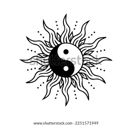 Yin Yang Symbol in Celestial Sun Vector, Vector Design for Fashion and Poster Prints, Sticker, Bag, Mug, Textile, Phone Case, Tattoo Design, Mystic Illustrations, Sun Icon