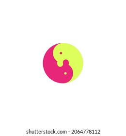 Yin yang symbol in children's style. Two dolphins in the form of yin-yang. Pink and bright green symbol of harmony and love. Logo, emblem design element. Vector illustration