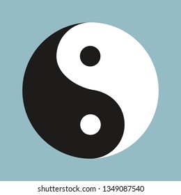 Yin Yang symbol of Chinese phylosophy describes how opposite and contrary forces may be complementary, interconnected and interdependent. Black and white illustration on blue background.