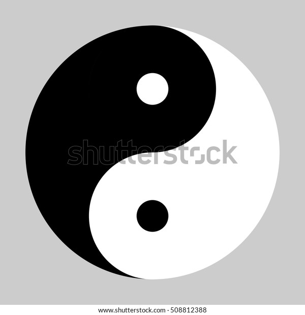 Yin Yang symbol of Chinese phylosophy\
describes how opposite and contrary forces may be complementary,\
interconnected and interdependent. Black and white illustration on\
grey background.