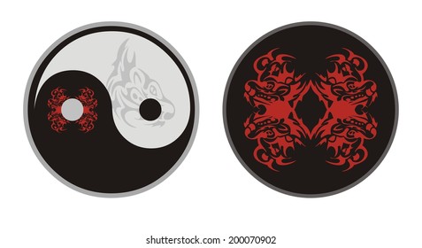 Yin Yang symbol and a circle with the heads of tigers