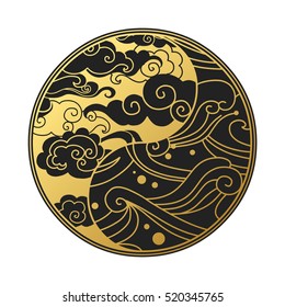 Yin Yang symbol with clouds and waves. Decorative graphic design element in oriental style. Vector hand drawn illustration