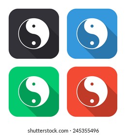 yin yang symbol - colored illustration (gray, blue, green, red) with long shadow