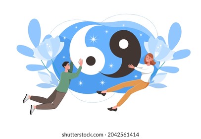 Yin yang symbol concept. Man and woman hold halves of whole in their hands. Characters complement each other. Young couple. Cartoon modern flat vector illustration isolated on white background