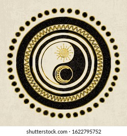 Yin Yang symbol. Culture and philosophy of the east, chinese taoism. Vector drawing in grunge style.