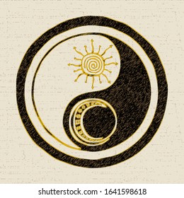 Yin Yang symbol. Culture and philosophy of the east, chinese taoism. Vector drawing in grunge style.