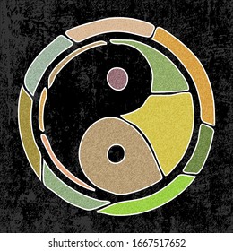 Símbolo de Yin Yang. Cultura y filosofía del este, taoísmo chino. Dibujo vectorial en estilo grunge.