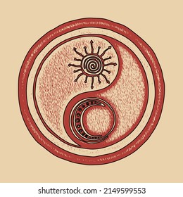 Yin Yang Symbol. Kultur und Philosophie des Ostens, chinesischer Tourismus. Vektorgrafik im Grunge-Stil.