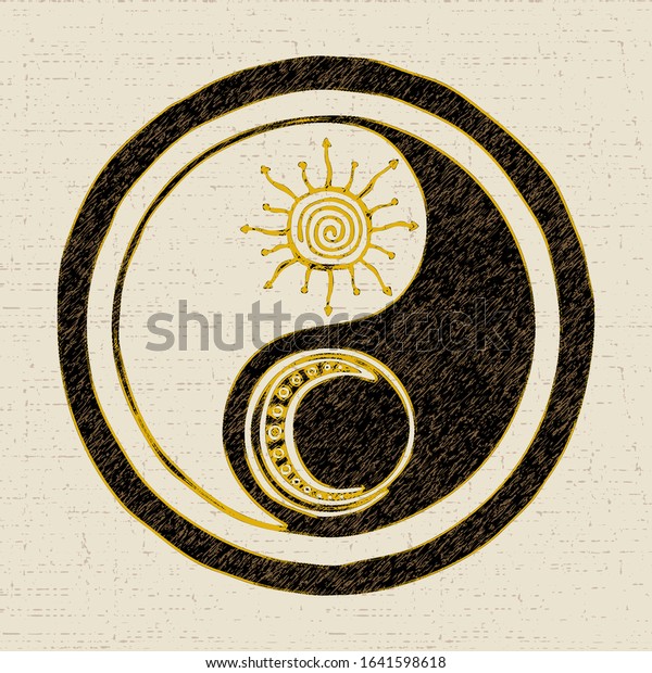 Yin Yang symbol. Culture\
and philosophy of the east, chinese taoism. Vector drawing in\
grunge style.
