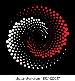 Yin and Yang symbol design with white and red points on black background. Circle with halftone dots as advertising background or logo or icon. Vector-art illustration.