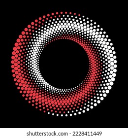 Yin and Yang symbol design with white and red points on black background. Circle with halftone dots as advertising background or logo or icon. Vector-art illustration.