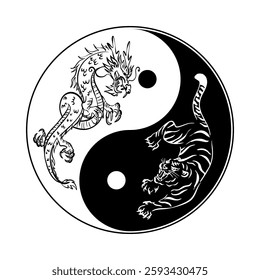 Yin and Yang symbol with dragon and tiger in it, Feng Shui, black and white, line drawing