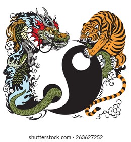 yin yang symbol with dragon and tiger fight, tattoo illustration 