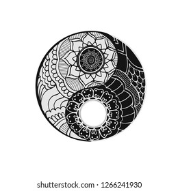 Yin and yang symbol drawn in asian zentangle style. Floral yinyang sign