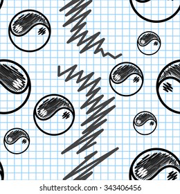 Yin yang symbol drawn on notebook sheet. Seamless pattern.