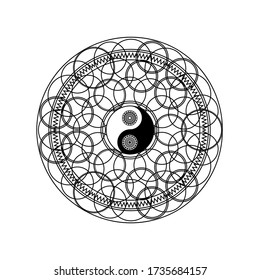 Yin Yang Symbol in Eastern Geometric Pattern Circle Isolated on White Background Vector Illustration. Traditional Mandala Sign for Yoga or Meditation Concept