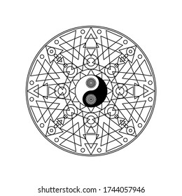 Yin Yang Symbol in Eastern Geometric Pattern Circle Isolated on White Background Vector Illustration. Traditional Mandala Sign for Yoga or Meditation Concept