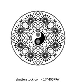 Yin Yang Symbol in Eastern Geometric Pattern Circle Isolated on White Background Vector Illustration. Traditional Mandala Sign for Yoga or Meditation Concept