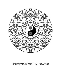 Yin Yang Symbol in Eastern Geometric Pattern Circle Isolated on White Background Vector Illustration. Traditional Mandala Sign for Yoga or Meditation Concept