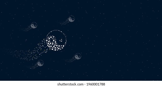 A yin yang symbol filled with dots flies through the stars leaving a trail behind. Four small symbols around. Empty space for text on the right. Vector illustration on dark blue background with stars
