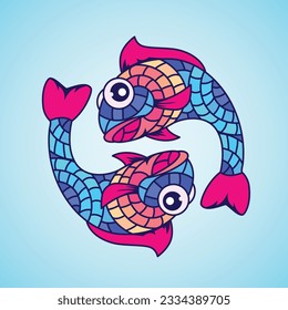 yin yang symbol with fishes. Fishes made up of mosaic tiles with colorful pieces of puzzle. Koi fish vector, Logo for restaurants or fishing related business. Could be used as sticker or wallpaper.