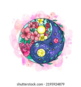 Yin and yang symbol with floral elements and space on watercolor background. Vector illustration