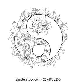 Yin Yang symbol floral vector illustration isolated on white background. Design for postcards, covers.